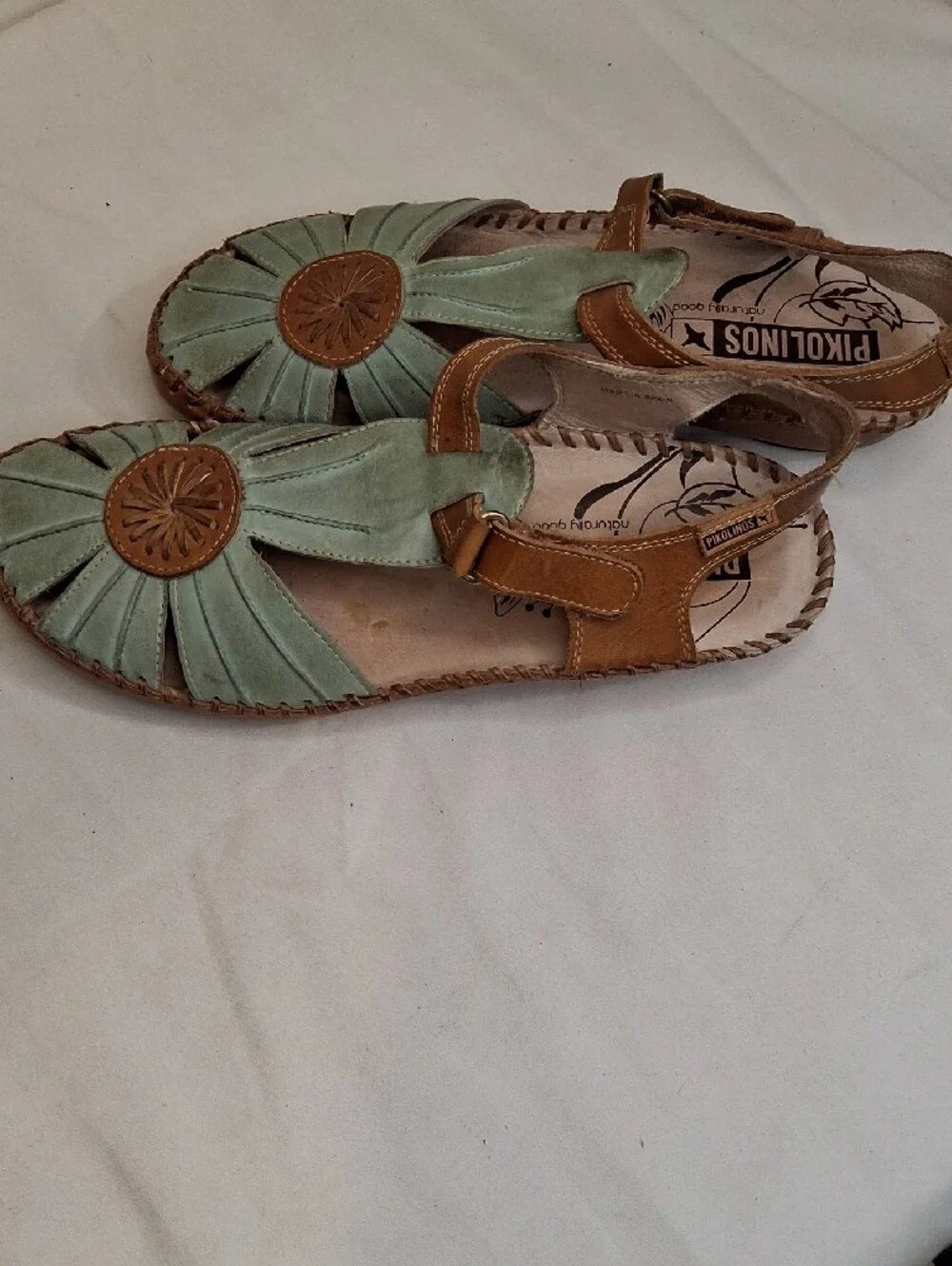PIKOLINOS Puerta Vallarta Mint Green and Tan Leather Slingback Sandals